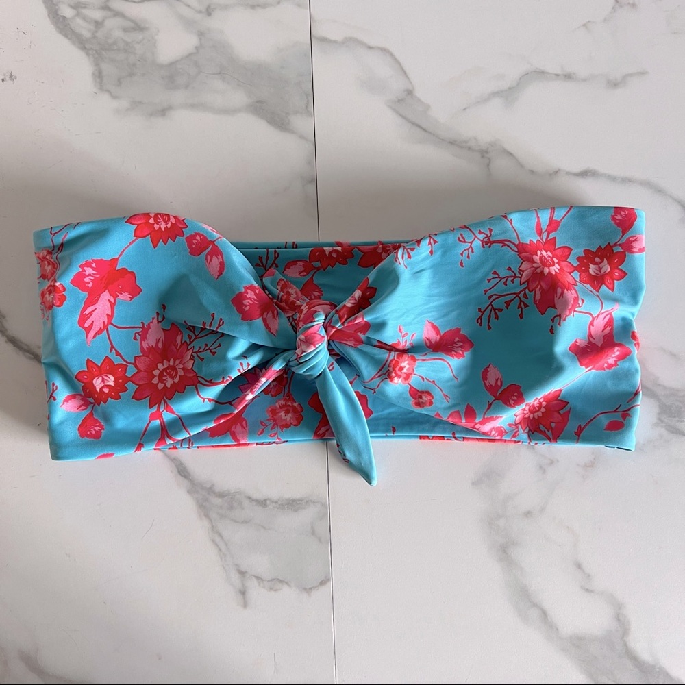SHEIN • Blue Strapless Floral Padded Front Twist Tie Bikini Top Size Medium